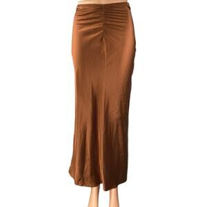Princess Polly Jones Brown Silk Satin Ruched Slim Side Zip Maxi A-Line Skirt 2